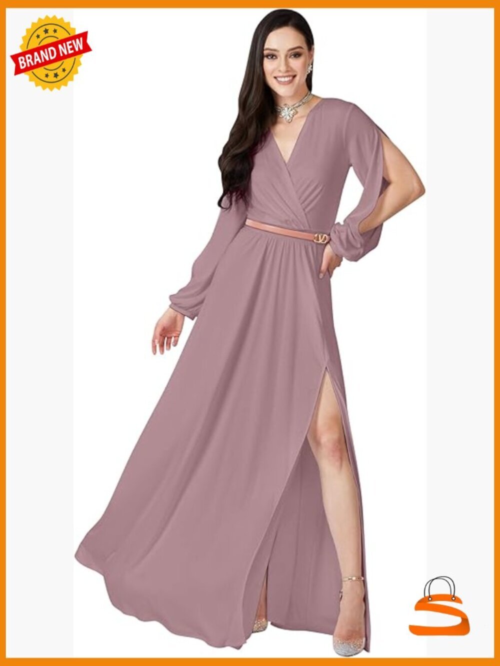 Long Sleeve Slit Maxi Dress A-Line V-Neck Plus Size Evening Gown